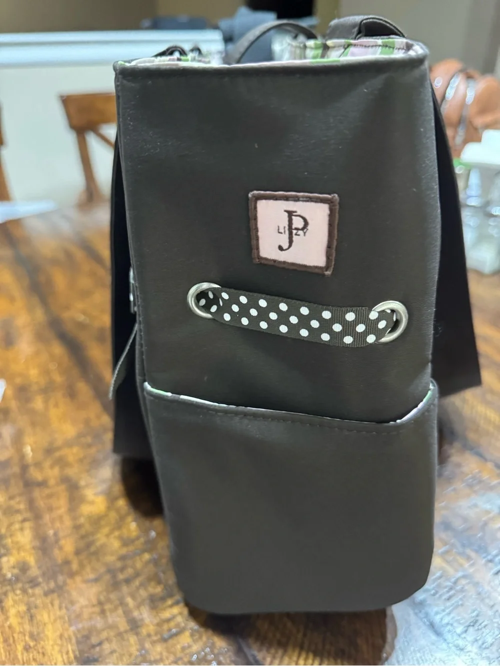 JP Lizzy Brown Structured Diaper Tote Bag with Polka Dot Trim